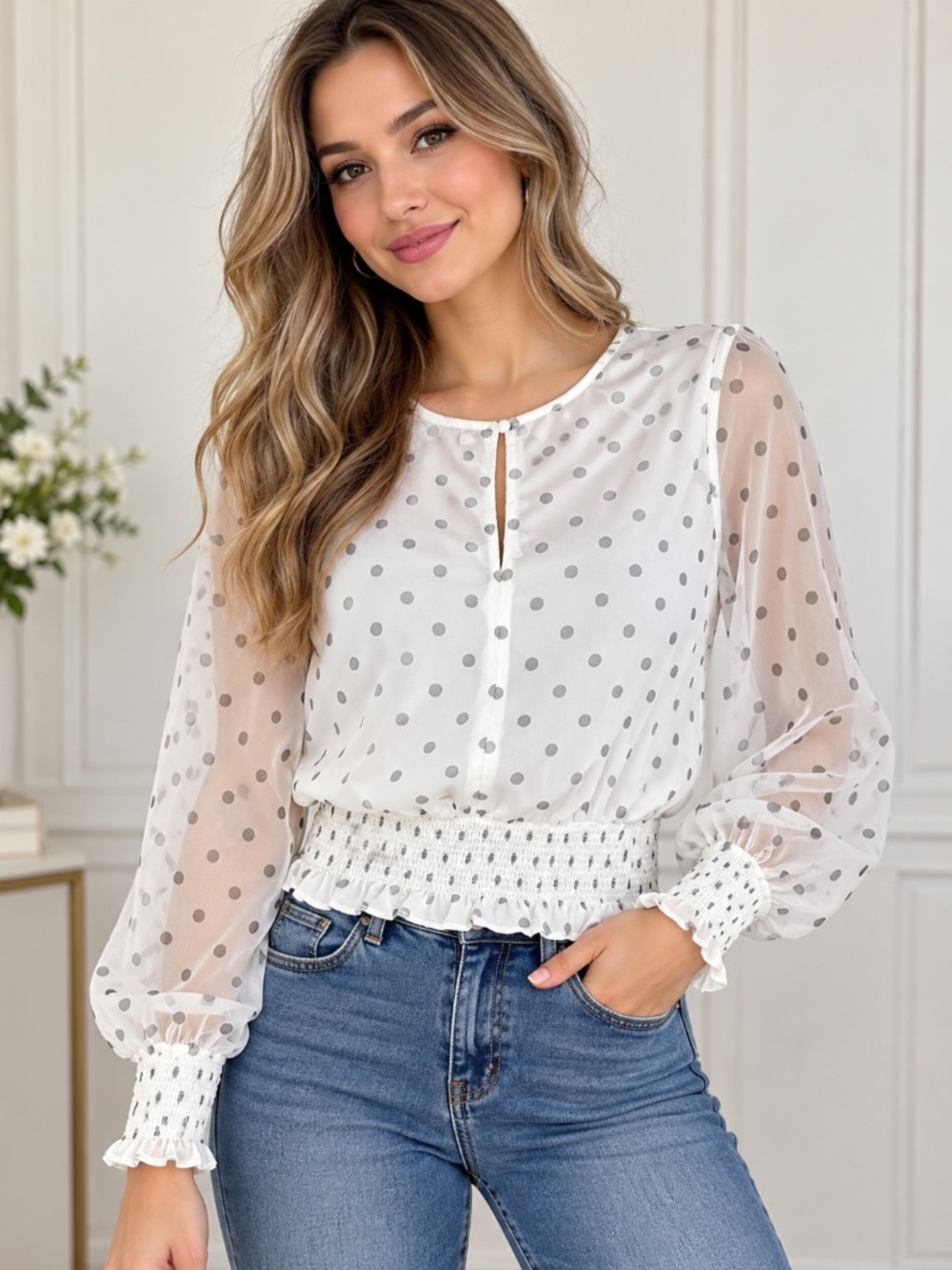 Becca Tilley x Bar III White Gray Polka Dot Sheer Smocked Blouse XS